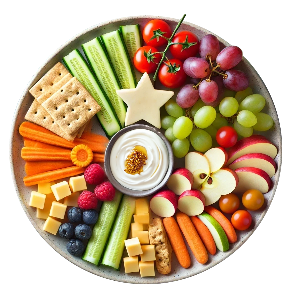 Plateau coloré et équilibré avec des légumes frais, des fruits, des crackers, du fromage en cubes et une sauce au yaourt au centre | Le Petit Décante