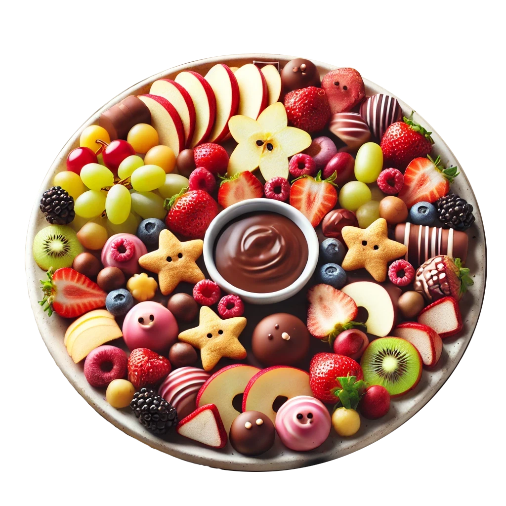 Plateau gourmand coloré avec des fruits frais, des biscuits en forme d'étoiles et des chocolats, accompagné d'une sauce au chocolat au centre | Le Petit Décante