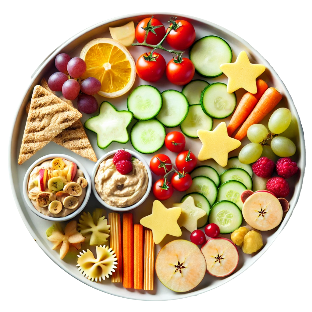 Assiette ludique et équilibrée avec des légumes, des fruits, des pâtes, des trempettes et des fromages en forme d'étoiles, soigneusement arrangés | Le Petit Décante